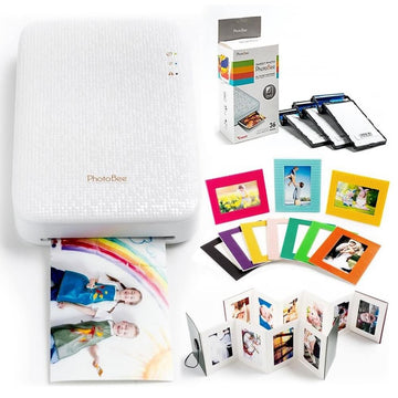 PhotoBee Portable Sticker Photo Printer Family Package with 36 Sheets of Sticky Backed Photo Paper, 2 Folding Albums, 8 Color Photo Frames - Imported from UK